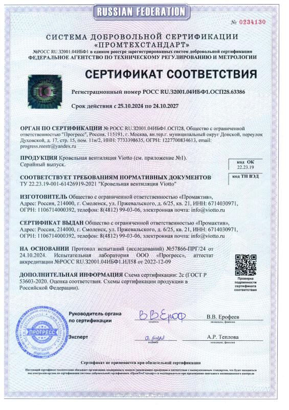 Сертификат Соответствия на продукцию Viotto